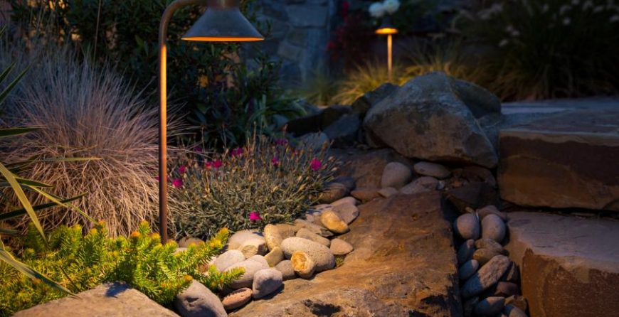 Landscape lighting inspection in Spring in Canada
