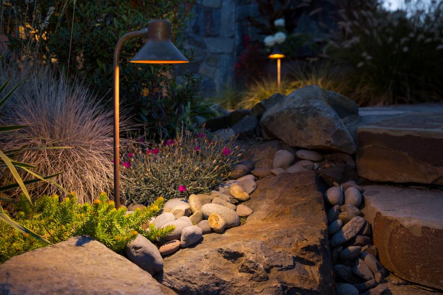 Landscape lighting inspection in Spring in Canada